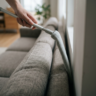 Duster head bent at an angle reaching behind a sofa
