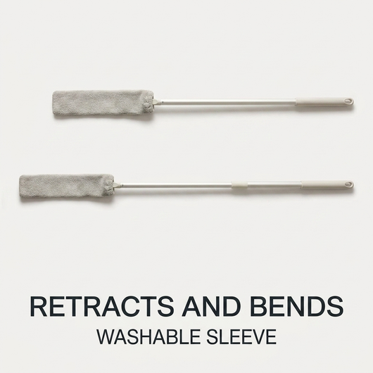 Graphic showing the pole collapsed and extended with washable sleeve note