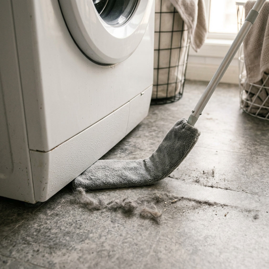 Flat duster head sliding into the gap under a washing machine
