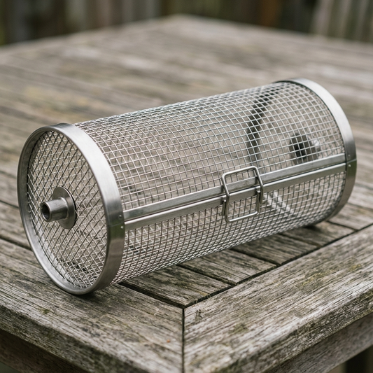 Stainless steel rolling grill basket empty on a wooden outdoor table