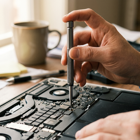 Precision screwdriver driving a small screw on a laptop back panel