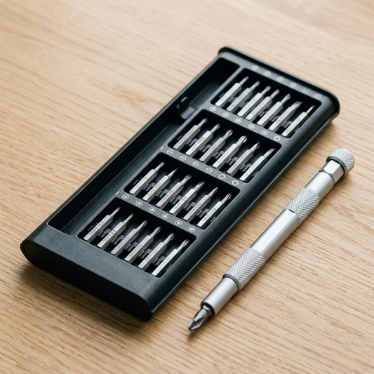 24-in-1 precision screwdriver set open case and handle on oak desk