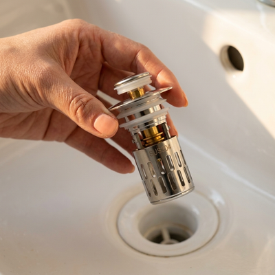 Hand holding the chrome sink stopper above a bathroom drain hole showing its size