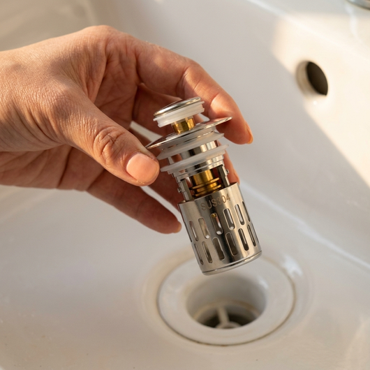 Hand holding the chrome sink stopper above a bathroom drain hole showing its size