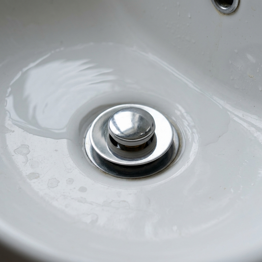 Chrome sink stopper installed and closed in a white ceramic bathroom sink holding water