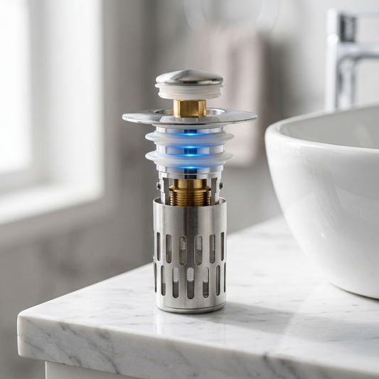 Chrome pop-up bathroom sink stopper on a white marble counter