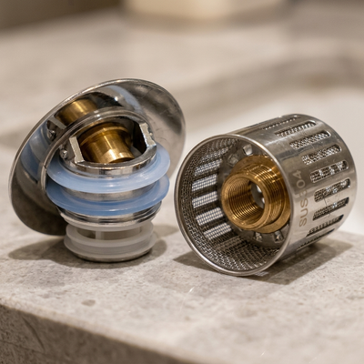 Sink stopper cap separated from the removable stainless steel mesh filter basket