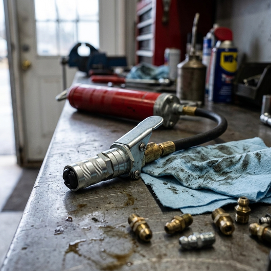 Grease gun coupler threaded onto a grease gun hose on a steel workbench