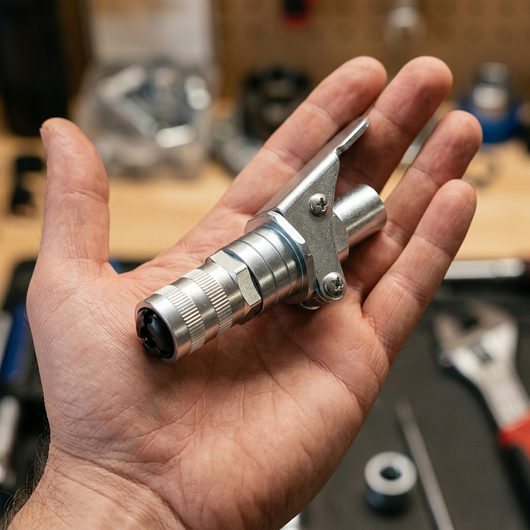 Grease gun coupler held in an open palm showing its size