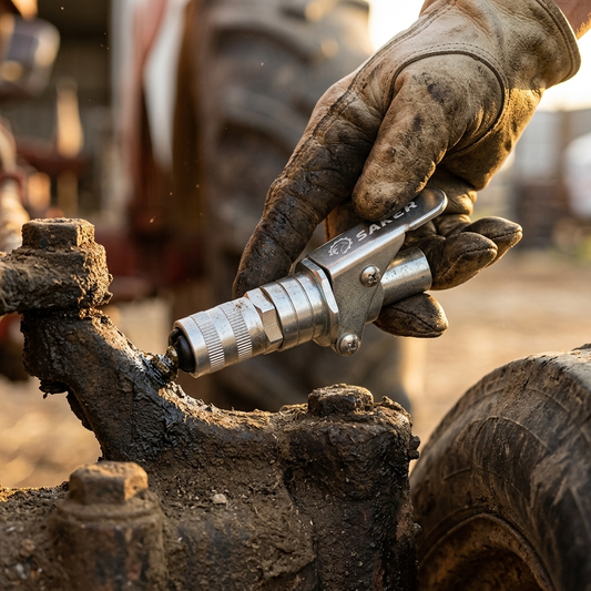 Gloved hand locking the grease gun coupler onto a zerk fitting on a tractor