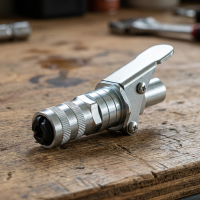 Zinc plated quick release grease gun coupler on a wooden garage workbench