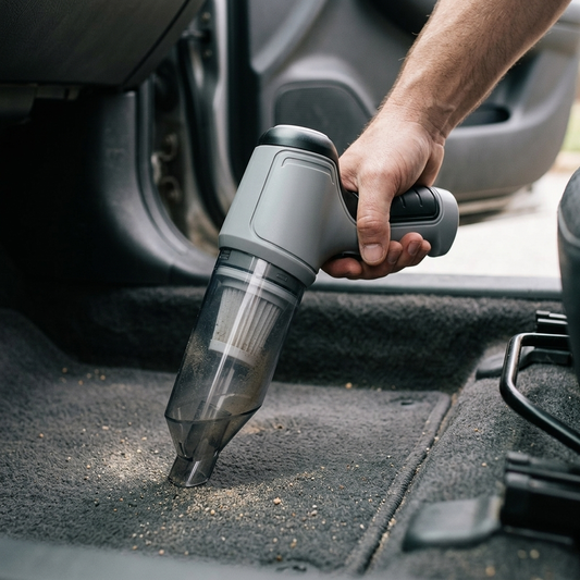 Gray mini handheld cordless vacuum cleaning a car footwell carpet