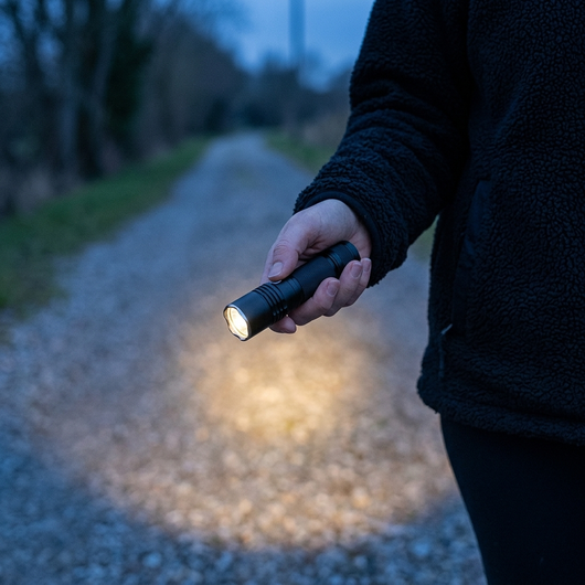 Woman using the black pocket flashlight on a gravel path at dusk