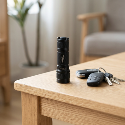 Black aluminum rechargeable LED pocket flashlight on a side table with car keys
