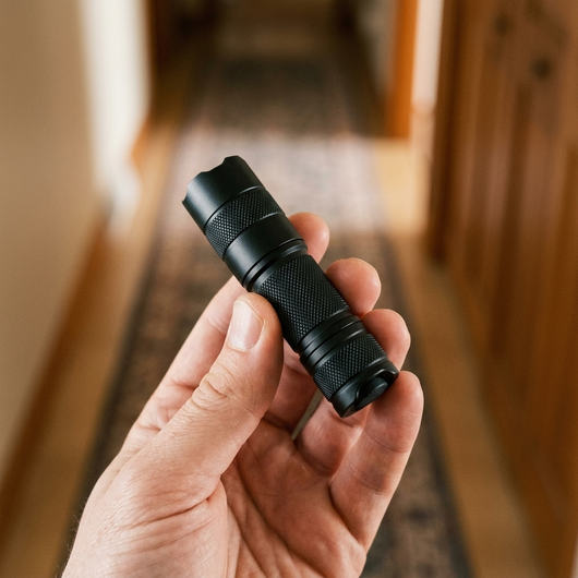 Black LED pocket flashlight held in a hand showing its compact size