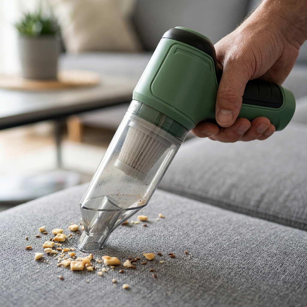 Green mini handheld cordless vacuum cleaning crumbs from a gray sofa cushion