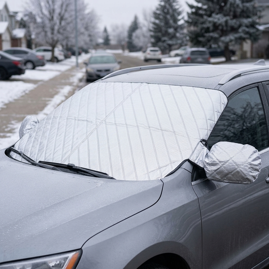 Upgraded windshield cover on an SUV with side mirror covers in place