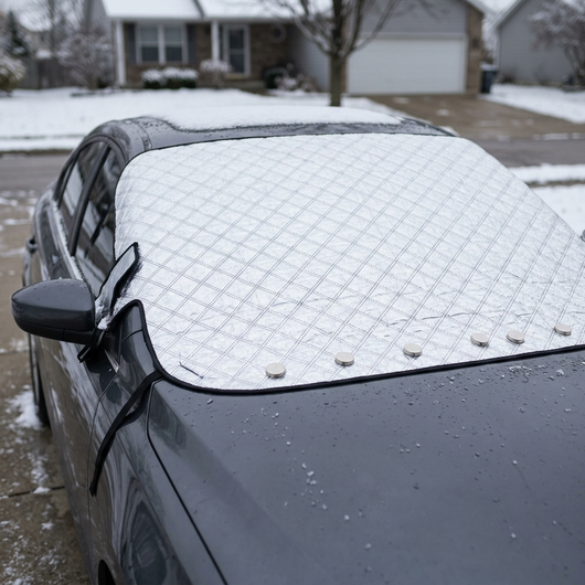 Silver magnetic windshield snow cover fitted on a sedan in a snowy driveway