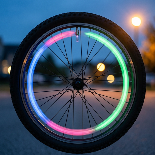 Multicolor LED valve cap light tracing a shifting color ring on a bicycle wheel after sunset