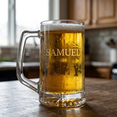 Engraved glass beer mug filled with golden lager and condensation on a wooden table