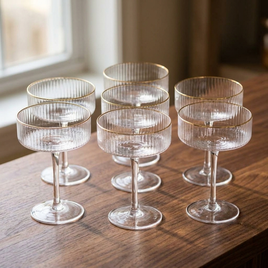 Set of six clear cocktail glasses arranged on a walnut bar counter