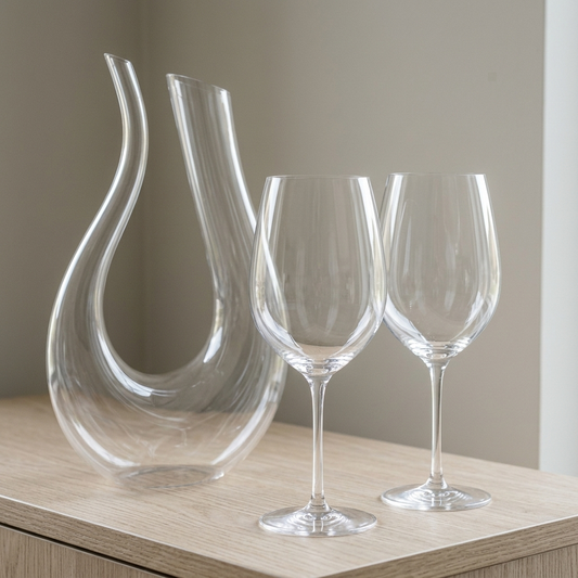 Wine decanter with two matching stemmed glasses on an oak sideboard