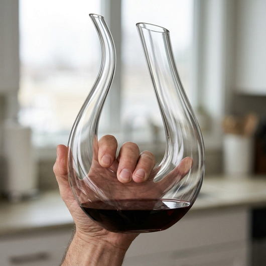 Wine decanter held in one hand showing its size