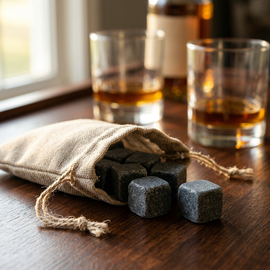 Storage pouch open on a home bar counter with soapstone chilling stones spilling out