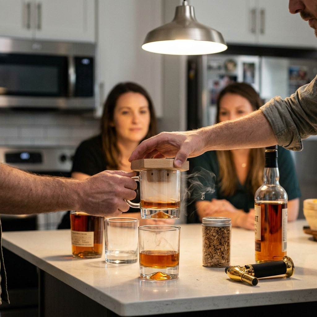 Smoking a bourbon at a kitchen island in front of guests