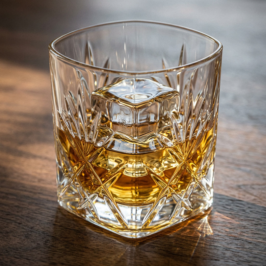 Close-up of an engraved whiskey glass with whiskey over a large ice cube