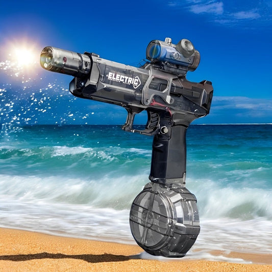 Electric LED water blaster firing a stream with the nozzle lit up