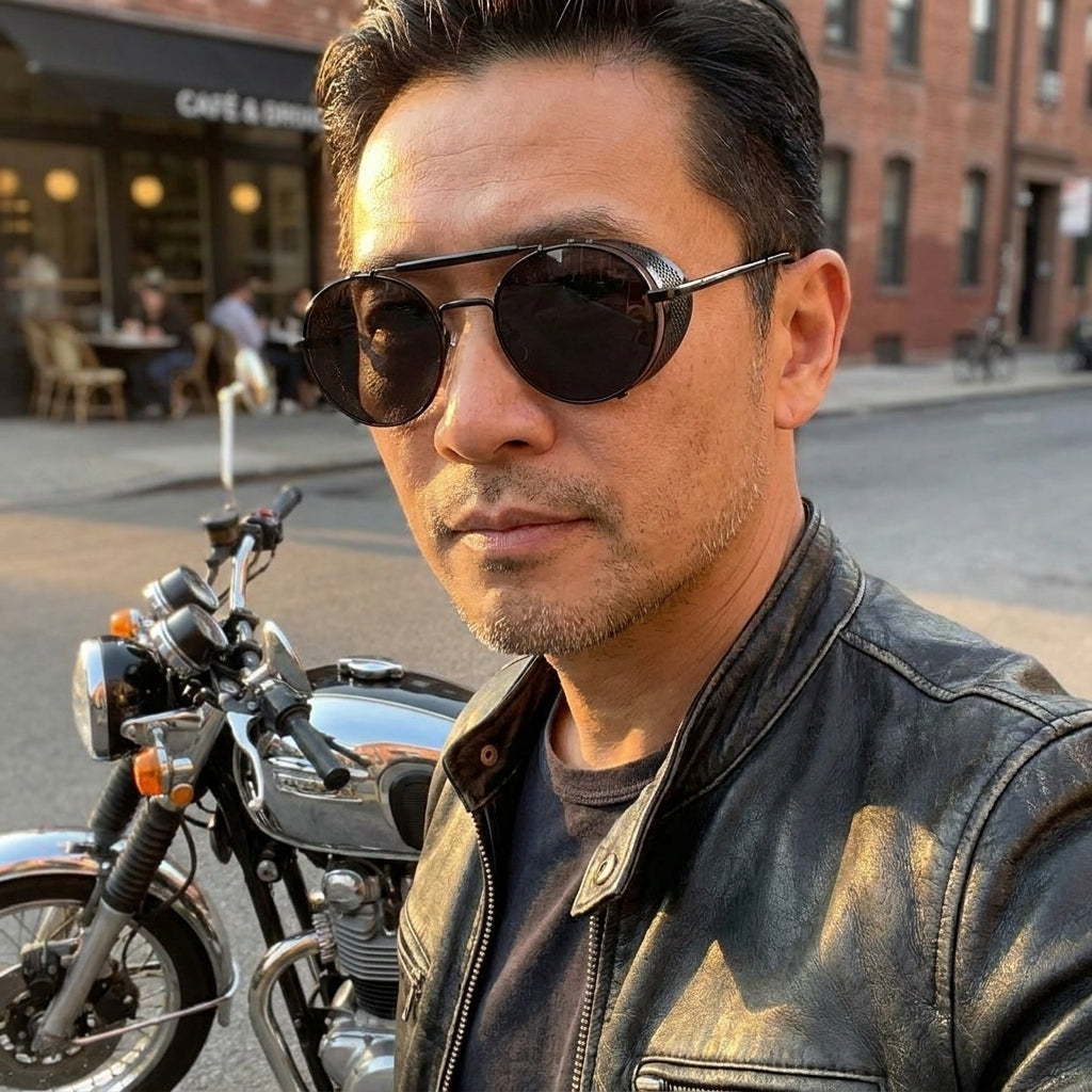 Rider wearing round side shield sunglasses beside a cafe racer